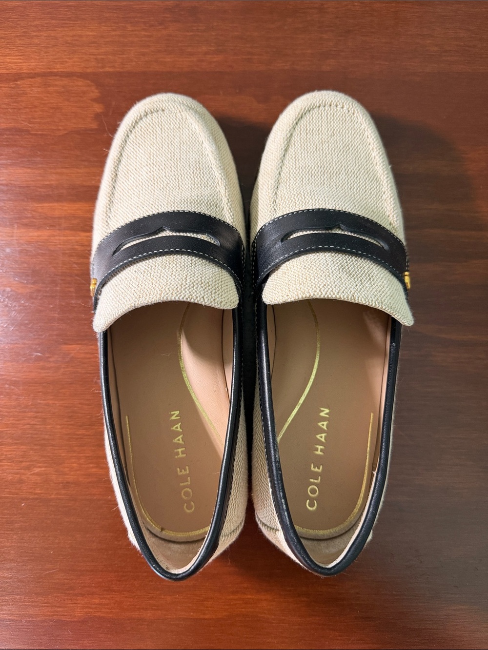 Cole Haan Beige Canvas and Black Trim Penny Loafers